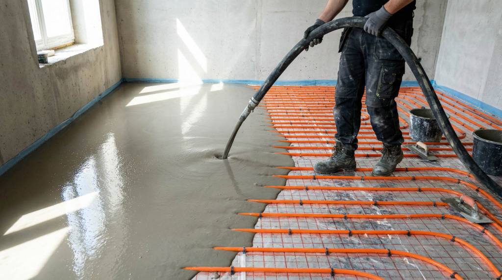 Natamam villa teknik altyapı görüntüsü: yerden ısıtma boruları, devre dönüşleri ve şap atımı.