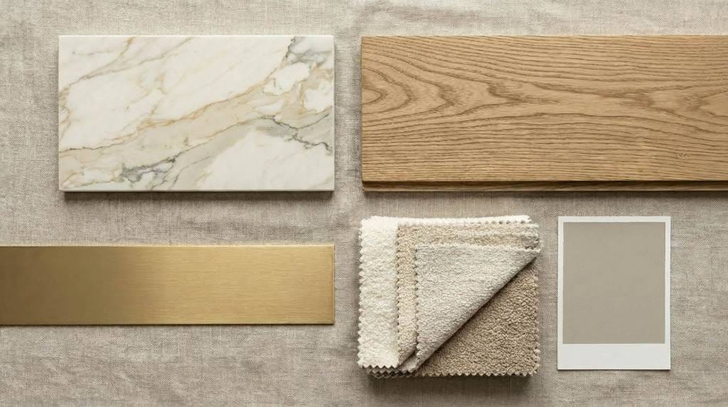 Natamam villa iç mimari moodboard kolajı: zemin için doğal taş ve lamine ahşap örnekleri, banyo için taş dokuları, siyah metal ve pirinç detaylar, sıcak nötr renk paleti ve minimal çizgide mobilya referansları.